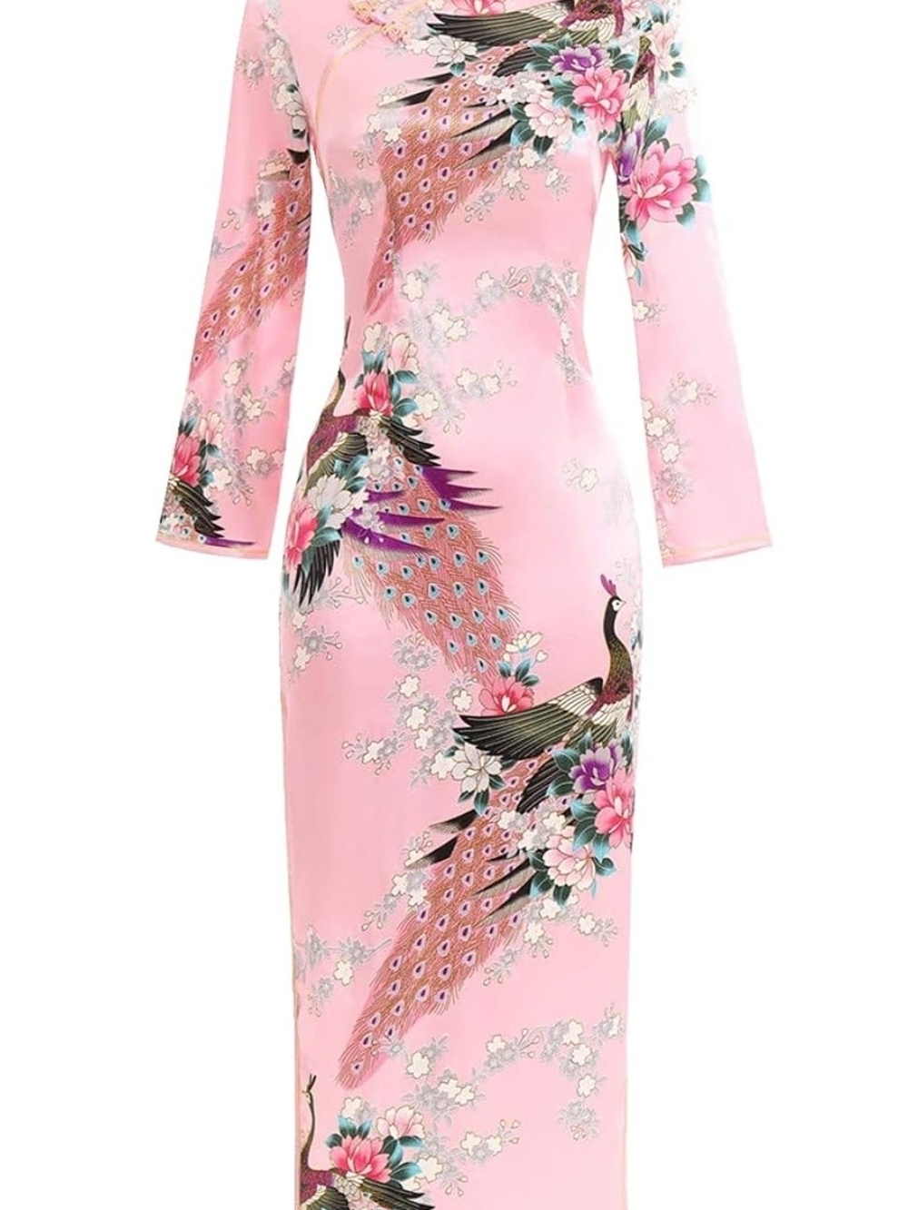 Elegant Pink Floral Peacock Maxi Dress